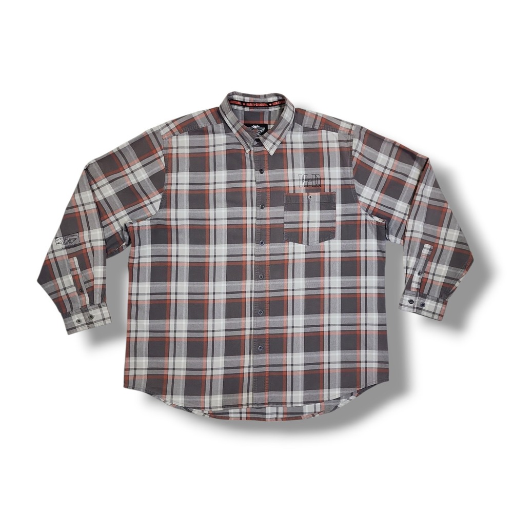 Harley Davidson Motorclothes Grey/Orange Plaid Button Down Long Sleeve Men's 2XL